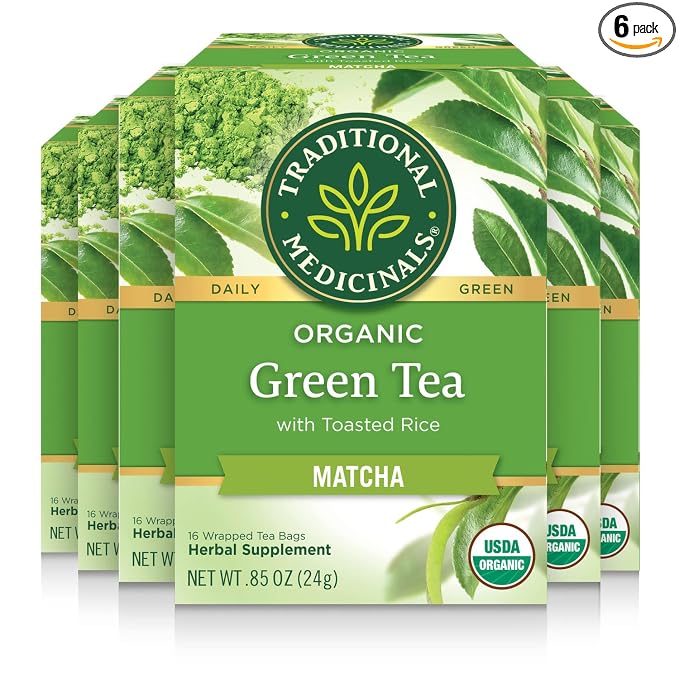 Traditional Medicinals Tea, Organic Green Tea Matcha, Genmaicha, Supports Health, Kosher, Non-GMO, Caffeine-Free, Compostable - 96 Tea Bags (6 Pack)
