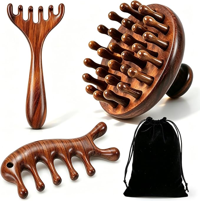WOVTE 3 Pcs Wooden Head Scalp Massager Comb, Sandalwood Scalp Massager for Hair Growth, Wood Wide Tooth Loc Comb Gua Sha Tool for Women Men, with Gifts Bag