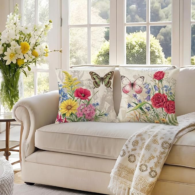 wyooxoo Throw Pillow Covers 16x16 Set of 4 Decorative Spring Pillow Covers Linen Flower Butterfly Farmhouse Pillowcases for Sofa Couch Living Room Outdoor