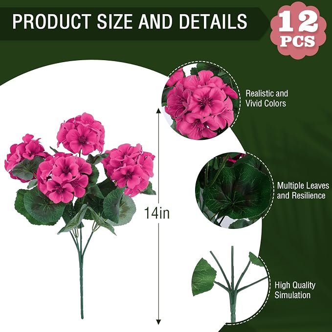 Hananona 12 Pcs Artificial Geranium Flowers for Outdoors Geranium Silk Flowers Outdoor UV Resistant Garden Plants Faux Flowers for Home Kitchen Table Centerpieces Decor (12, Rose Red)