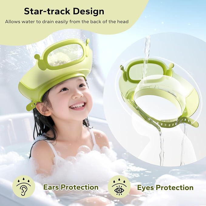 FUNUPUP Baby Shower Cap Toddler Hair Washing Shield Adjustable Bath Visor for Kids Shampoo Hat with Eyes Ears Cover 1-15 Years Boys Girls Essentials for Bath Time, Green