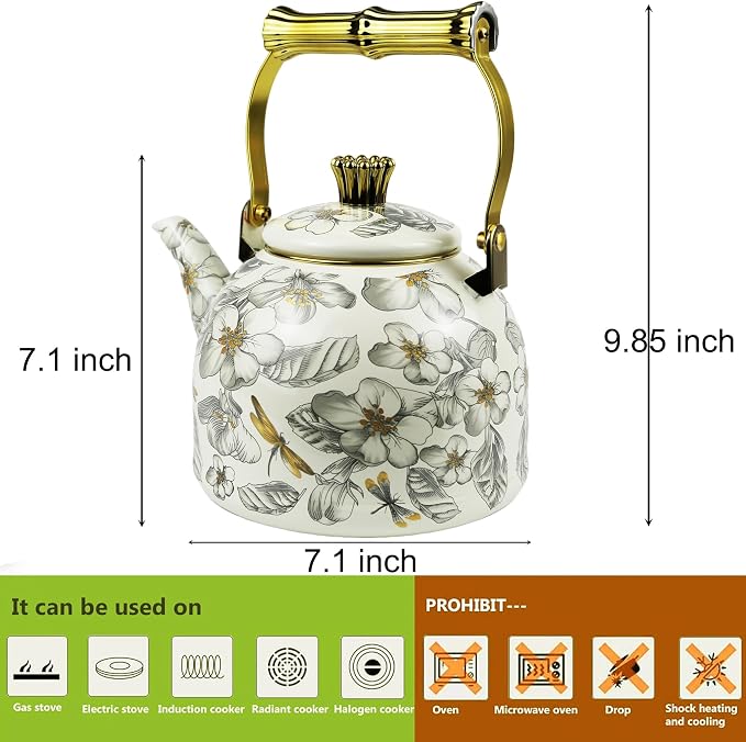 Vintage Enamel Tea Kettle, Dragonfly Floral Pattern Stovetop Teapot with Gold Handle, 2.5L Enamel Kettle Kitchen Decor, Ideal Gift for Housewarming Camping Coffee Pot