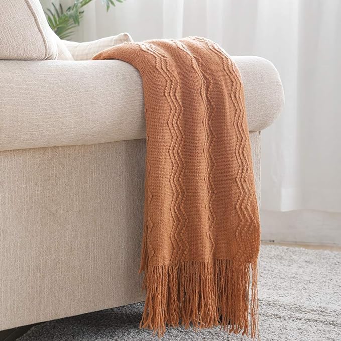 BOURINA Almond Throw Blanket 60x80 Inch Boho Knit Soft Throw Sofa Blanket | Knitted Throw Blanket 60x80 Inches, Soft Lightweight Boho Weave Throw Decorative Couch Blanket for Living Room Bedroom Chair