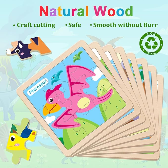 Wooden Puzzles for Toddlers, 9 Pieces Dinosaur Jigsaw Puzzles for Kids Ages 3-5 4-6, Preschool Learning Activities, Learning & Educational Toys, Gifts for Boys, Girls Ages (8 Pack)