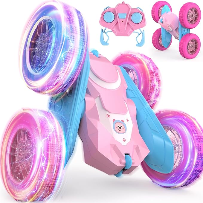 NQD Pink Remote Control Car for Girls, 360° Spin Flip RC Stunt Car with Flashing Wheel Lights 2 Batteries, Double Sided 4WD Off-Road RC Toy Gift for Girls Xmas Birthday