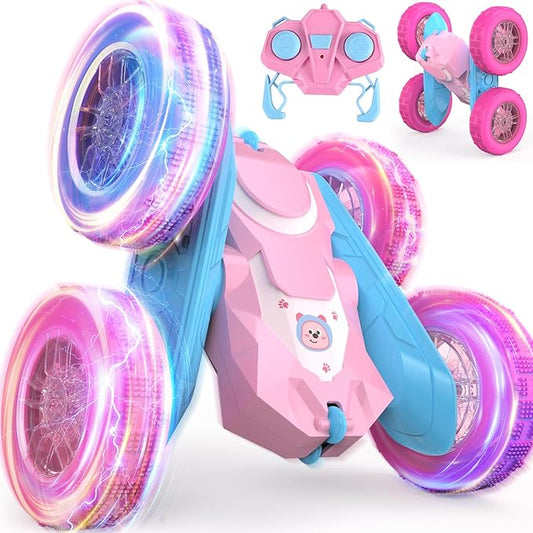 NQD Pink Remote Control Car for Girls, 360° Spin Flip RC Stunt Car with Flashing Wheel Lights 2 Batteries, Double Sided 4WD Off-Road RC Toy Gift for Girls Xmas Birthday