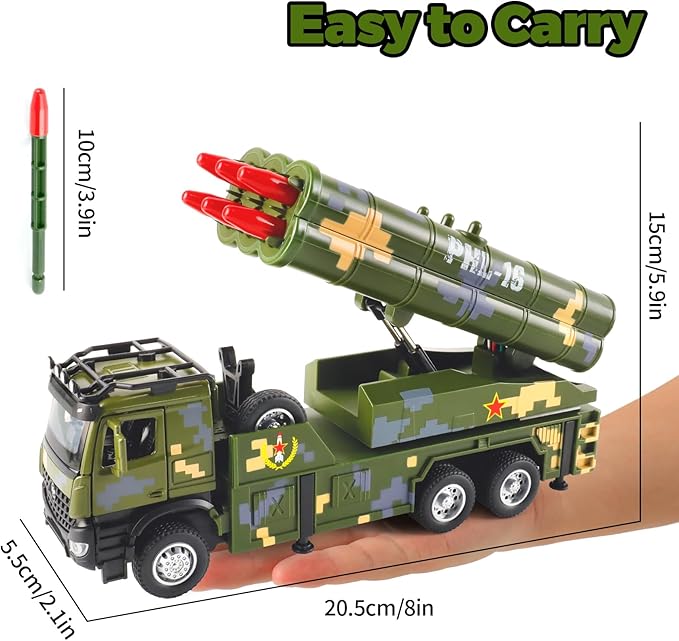 Army Toys - Military Truck with 6 Missiles, Rotatable Turret, Light & Sound for Boys 6-8