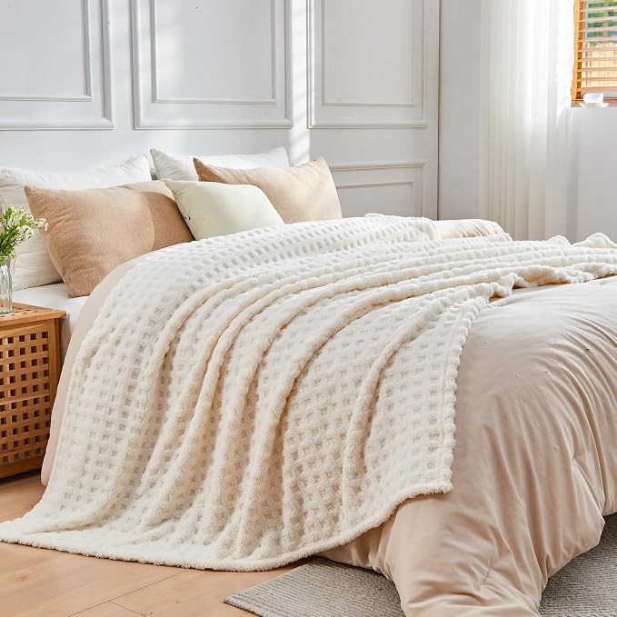 NEWCOSPLAY 3D Waffle Checkered Flannel Queen Blanket, Ivory, 90"x90" | Super Soft Cute Lightweight Decorative Premium Silky Fleece Blanket for Couch Sofa Bed, Gift for Women Men, All Season Use