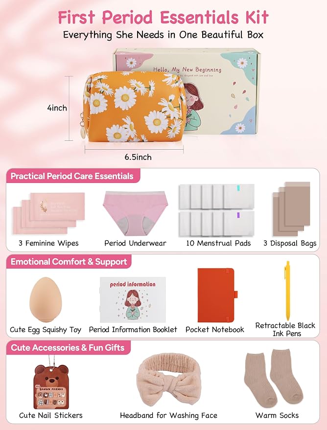 First Period Gift Kit for Girls 9-12 | Complete Tween Period Set with Daisy Yellow Bag, Leak-Proof Panties, Teen Pads, Wipes, Diary, Nail Stickers & More – Perfect for School & Travel (S)