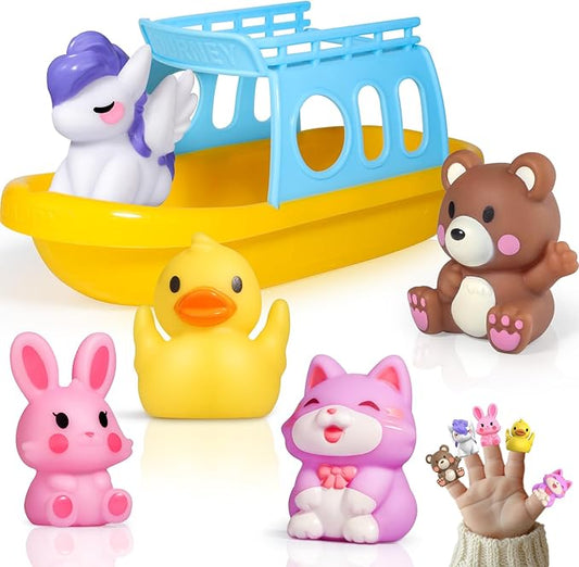Oriate Bath Boat Toys, Finger Puppets for Kids, 5 PCS Rubber Duck Finger Puppets and 1 Boat, Sensory Learning Toy Set in The Bathtub, Pool, Beach