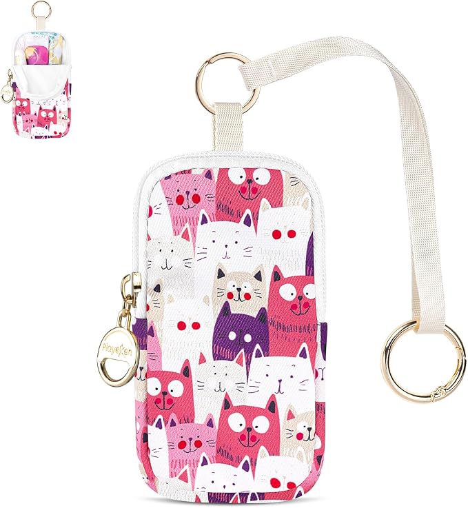 Tampon Holder for Purse, Cute Period Bag with Wristlet Strap, Portable Tampon Bag Organizer Case for Feminine Products (Pink Cats)
