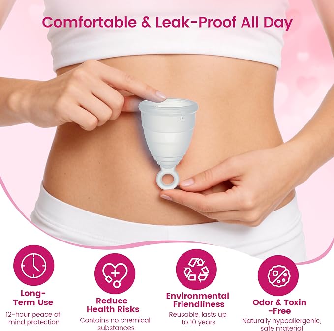Reusable Menstrual Cup, Silicone Period Cup, up to 12 Hours of Leak-Free Protection, Disc,Tampon, Pads Alternative for Women