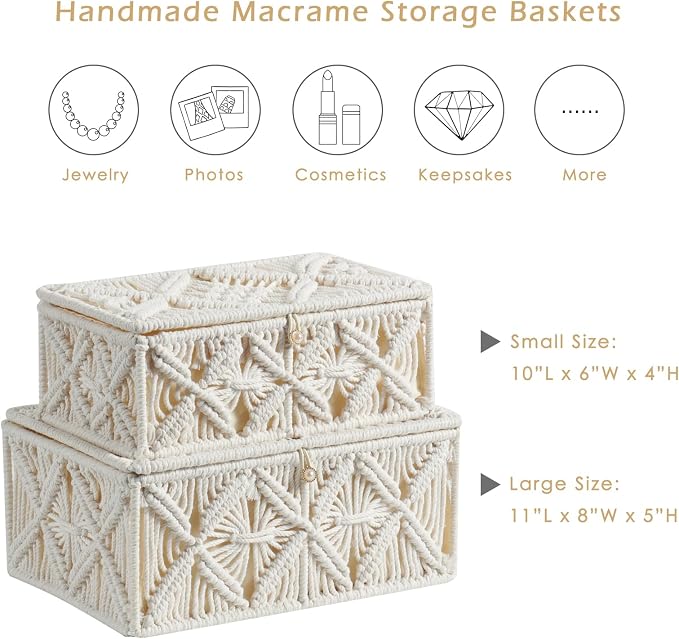 2PCS Decorative Boho Storage Basket with Lid Natural Macrame Box | Handmade Cotton Rope Woven Bins, Shelf Organizer Container for Jewelry Memory Keepsake Photo Makeup, Off White, Small&Large