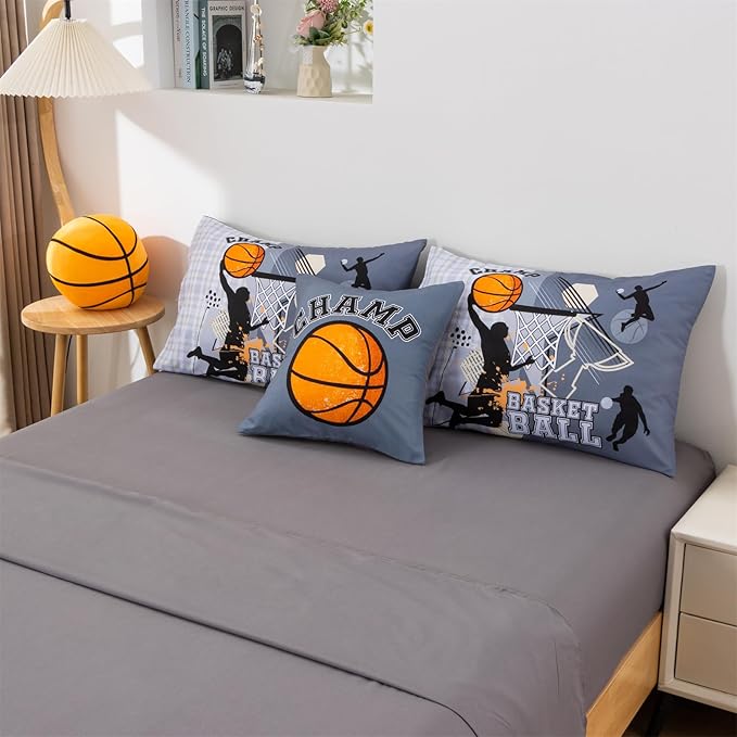 A Nice Night Twin Comforter Set 6 Piece Bed-in-a-Bag with Comforter & Sheet Set for All Seasons,Basketball Court with Sportsman Slam Dunk Printing for Kids Teen Boys,Gray