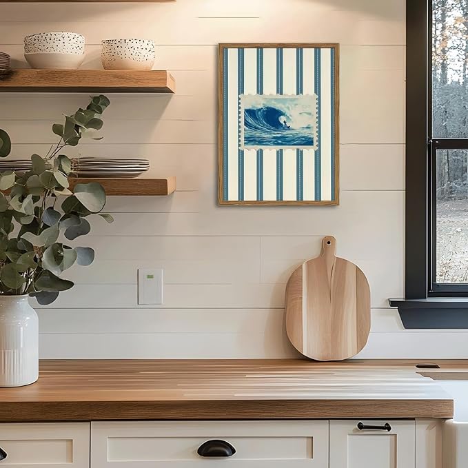 Vintage Surf Stripe Wall Art Trendy Coastal Wall Decor Painting Blue and White Beach Surf Poster Canvas Print for Bedroom Living Room Bathroom 12x16 inch Wood Framed