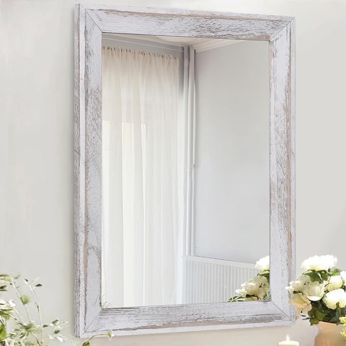 AAZZKANG Mirrors for Wall Rustic Wood Framed Hanging Mirror Decorative for Farmhouse Bedroom Bathroom Living Room Entryway Hallway Small White | Decorative for Farmhouse Bedroom Bathroom Living Room Entryway Hallway Small