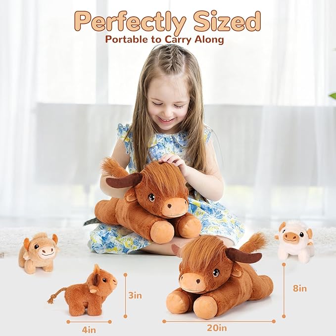 4 Pieces Highland Cow Stuffed Animals - 1 Mommy Stuffed Highland Cow with 3 Babies - Brown Cow Gifts for Girls Age 3-8, Cows Plush Toys for Christmas, Valentine's, Birthday Gifts (Brown)