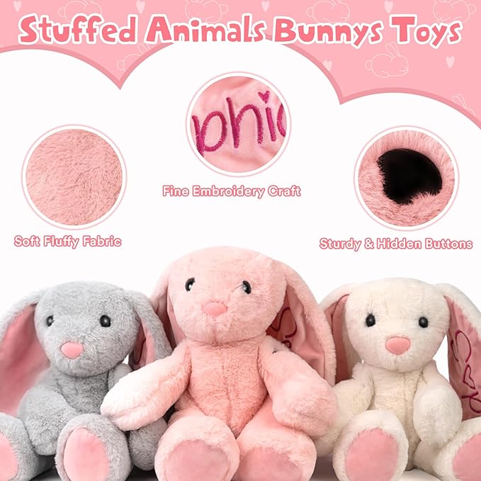 Personalized Bunny Plush Stuffed Animal with Embroideried Name Custom Toddler Stuffed Rabbit Doll Kids Bunny Plush Toys Personalized Baby Girls Boys Newborn Gifts for First Birthday Easter
