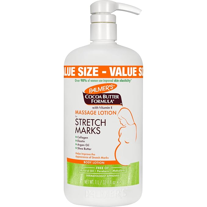 Palmer's Cocoa Butter Formula Massage Lotion For Stretch Marks, Pregnancy Skin Care, Belly Cream with Collagen, Elastin, Argan OIl and Shea Butter, 33.8 Ounces