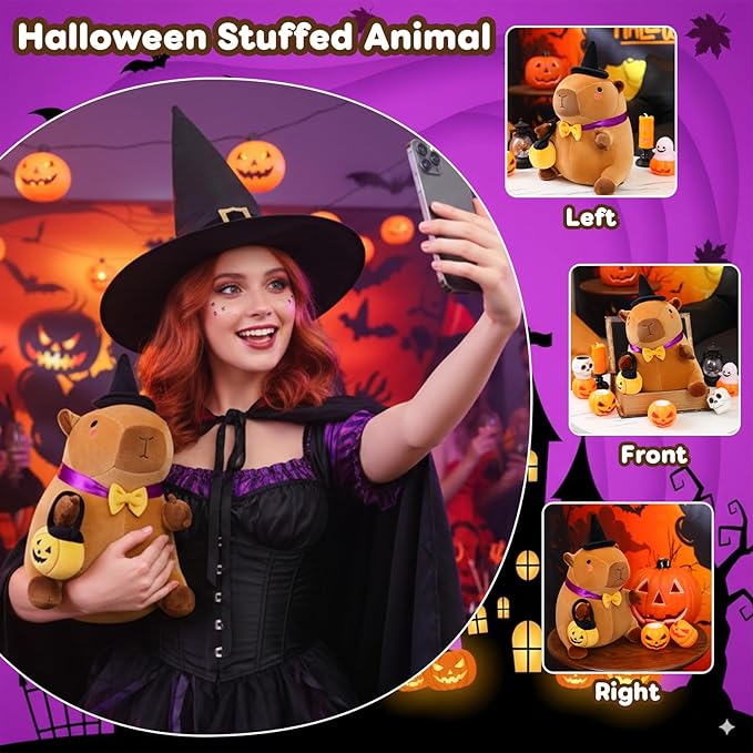 Halloween Capybara Plush, Halloween Capybara Stuffed Animal with Witch Hat and Pumpkin Toy Gifts for Girls Boys Decor 10 Inch