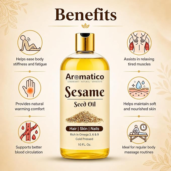 AROMATICO Sesame Oil for Massage - Ayurvedic Warm Massage Oil with Cold Pressed Sesame for Muscle Relaxation & Daily Abhyanga |10 Fl Oz