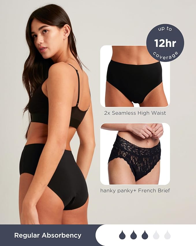 saalt and Hanky Panky+ [powered Period Underwear Bundle | Includes 2 Seamless High Waist & 1 Hanky Panky+ French Cut Brief