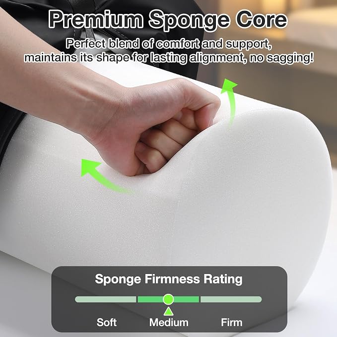 Full Round Bolster Pillow, 26" x 9" PU Leather Massage Table Bolster with Strap Handle, Massage Pillow for Knee Back Ankles Pain Relief, Comfortable Leg Bolsters Cylinder Pillow for Home / Spa / Yoga
