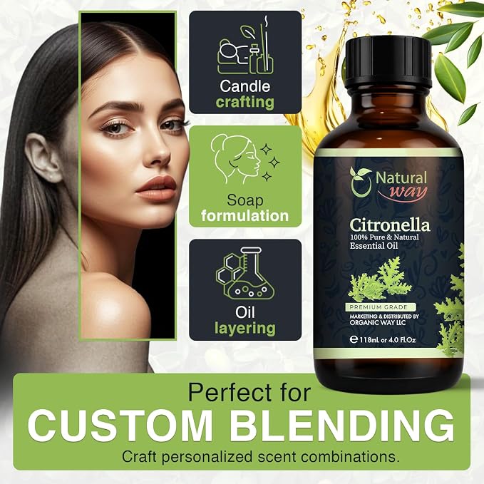Citronella Essential Oil for Diffusers | Natural Aroma Oil for Home Fragrance, Humidifier & DIY Candle Making, Long Lasting Scent for Office, Bedroom & Soothing Scent 4 Fl Oz (120 mL)