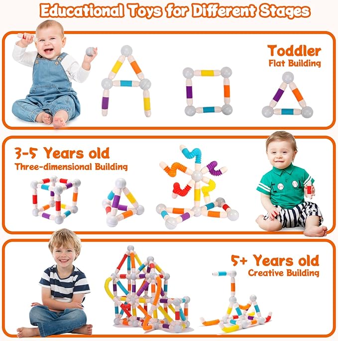 Extendable Magnetic Toy Montessori Toys for Kids Toddlers STEM Education Building Blocks 45PCS Extendable Building Block Set Birthday for Boys & Girls