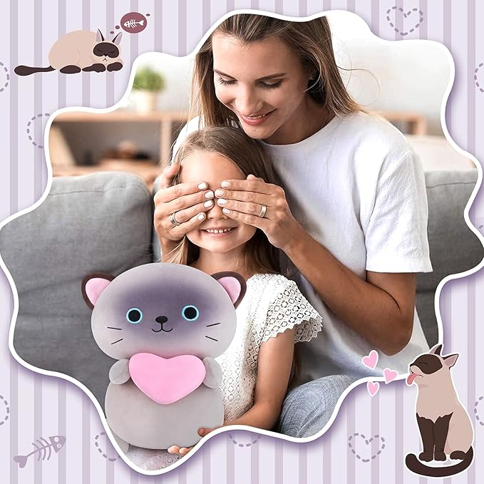 Achwishap Cat Stuffed Animal,Siamese Cat Plush with Love Heart,14” Siamese Cats Plush Toys,Cute Plushies Soft Cats Plushy Kawaii Plushie Huggging Pillow,Cuddly Animal Body Pillow for Kids Adults(Gray)