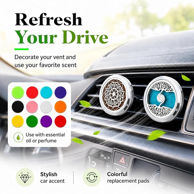 2 Pack Car Vent Essential Oil Diffuser Clips, Silver Tree of Life Air Freshener Vent Clips with 30 Colorful Felt Pads, Reusable Metal Car Aroma Diffuser for Essential Oils, Perfume