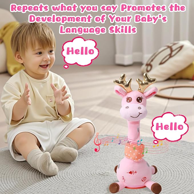 MIAODAM Dancing Talking Giraffe Stuffed Animal, Singing 10 Children's Song, Baby Toy Repeats What You Say, Christmas Colorful Glowing Giraffe Plush Interactive Toys for Toddlers 1-3 Year(Pink)