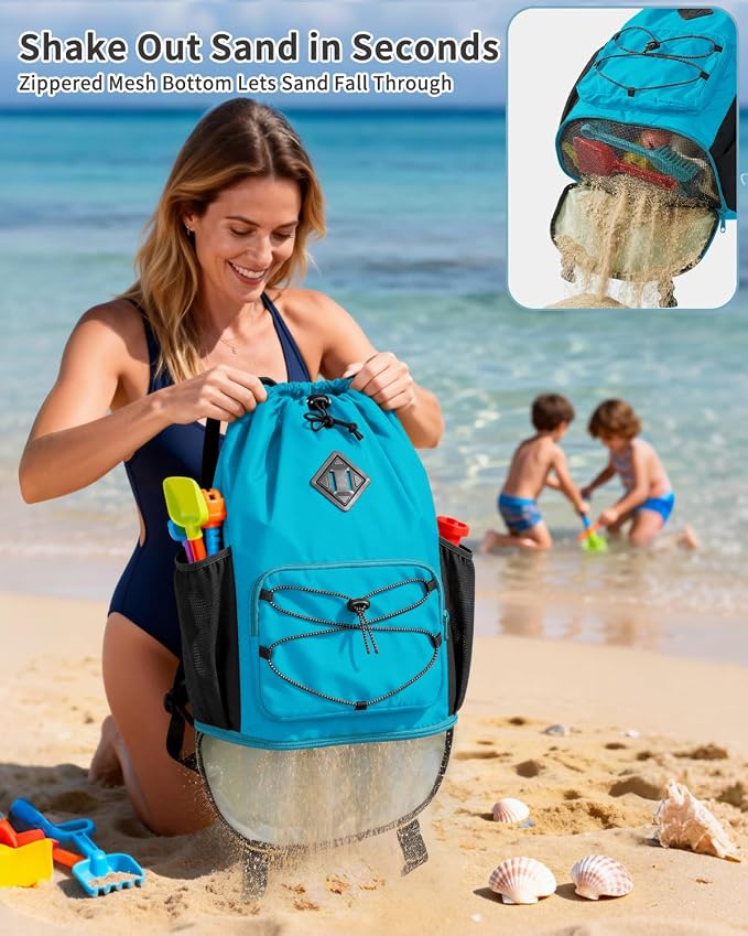 WANDF Drawstring Backpack with Removable Wet Pocket, Sandproof Beach Backpack with Bottom Compression Strap for Beach Mat, Swim Bag for Pool, Gym, Travel and Workout Gear (Teal)