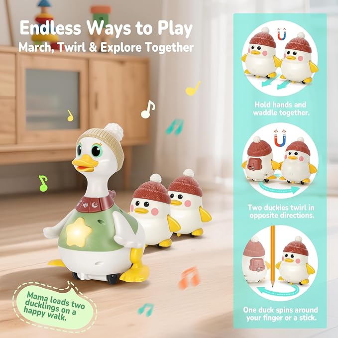 Hestiasko Baby Toys 6 8 10 12 Months, Tummy Time Duck Toy, Musical Dancing Duck Set with Lights & Sounds, Crawling and Interaction Toys for 1 Year Old Girl Boy Baby Stocking Stuffers