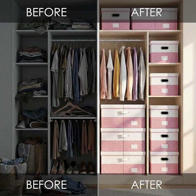 Storage Bins with Lids [3-Pack] Linen Fabric Foldable Storage Boxes Organizer Containers Baskets Cube with Cover for Bedroom Closet Office White&Pink (23.4X15.9X11.4)
