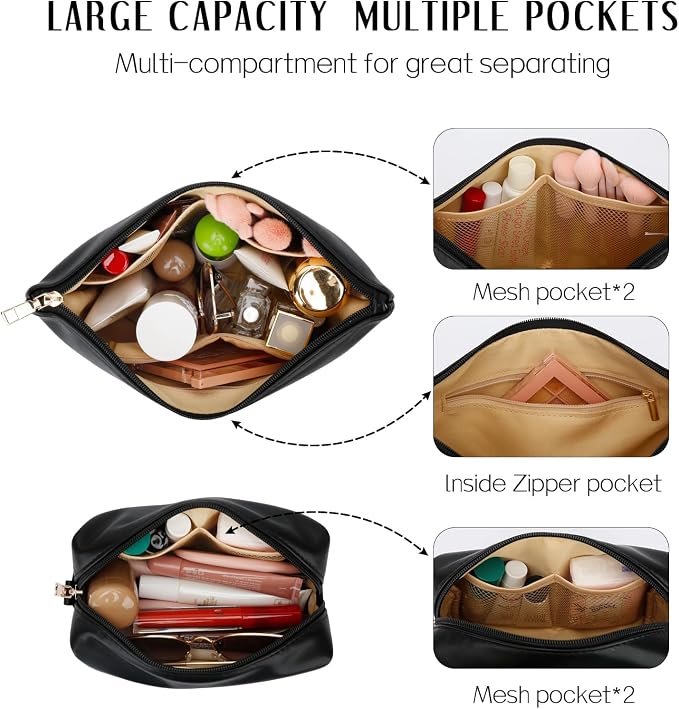 Women Gifts | Initial Makeup Bag for Girl Personalized Gifts for Bridesmaid Friend PU Leather Cosmetic Travel Toiletry Bag(Black,I)