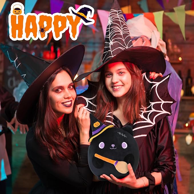 Halloween Cat Stuffed Animal Toy Mysterious Witch with Broom Stuffed Plush Home Decor Halloween Party Gifts for Kids Girls and Boys（Witch Broom Cat 10 Inch）