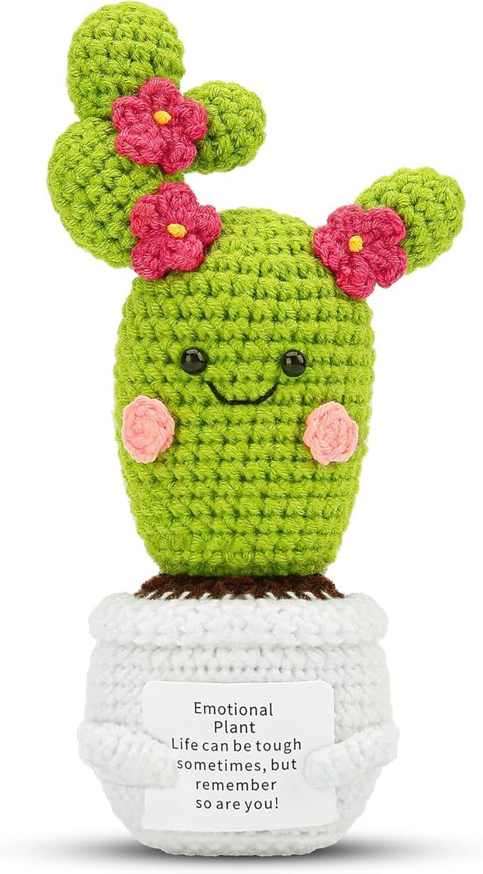 Hoedia Handmade Emotional Pickle Gift, Emotional Cucumber Crochet Doll Inspirational Gifts with Cards, Cute Knitted Funny Support Pickle Potato Friend Birthday (Blossom Cactus)