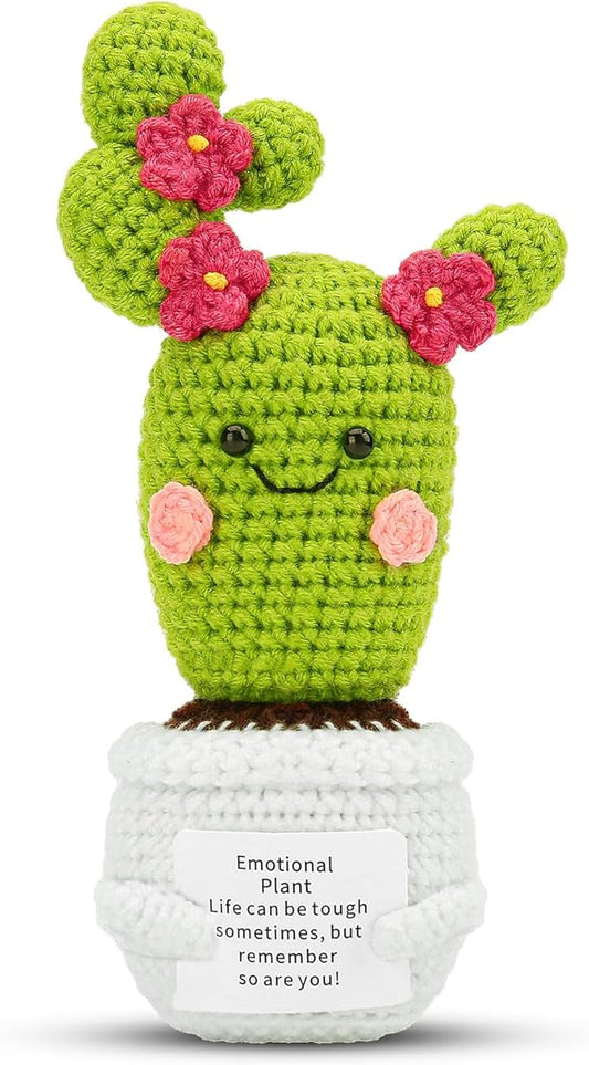Hoedia Handmade Emotional Pickle Gift, Emotional Cucumber Crochet Doll Inspirational Gifts with Cards, Cute Knitted Funny Support Pickle Potato Friend Birthday (Blossom Cactus)