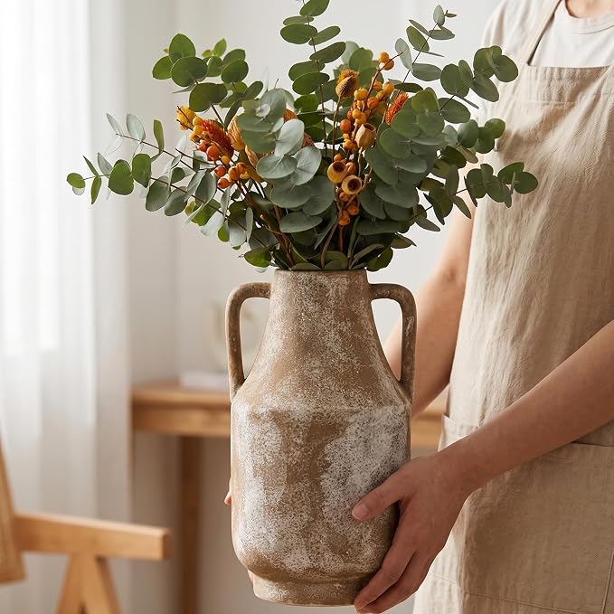 Ceramic Flower Vase with Handles, 11in Tall Rustic Vases for Centerpieces | Waterproof Large Decorative Terracotta Vases for Home Decor, Living Room,Table, Handcrafted (Terracotta)
