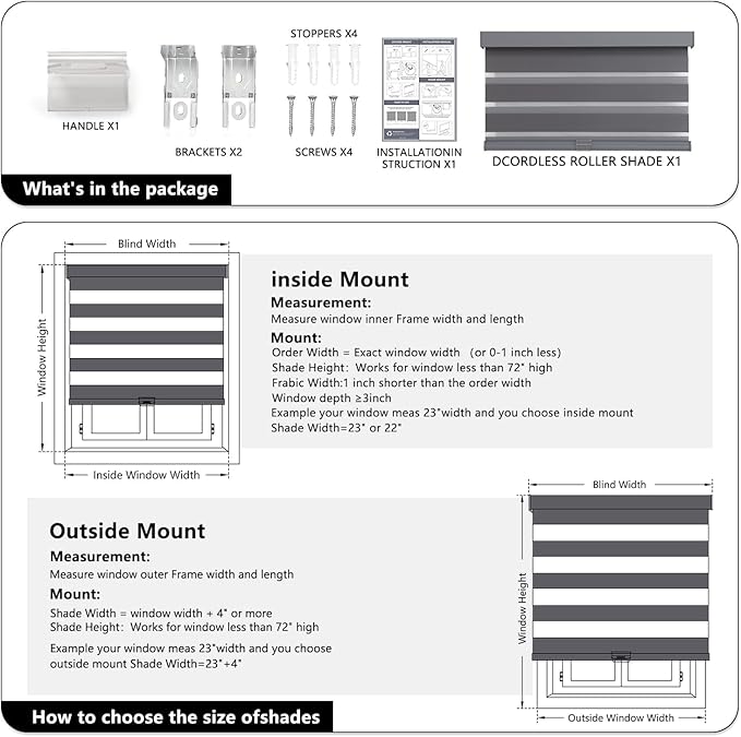 AOSKY Cordless Zebra Blinds for Windows Pull Down Roller Window Shades Dual Layer Light Filtering Privacy for Day and Night, Free-Stop Door Shades for Home Easy to Install (17" W X 72" H, Grey)