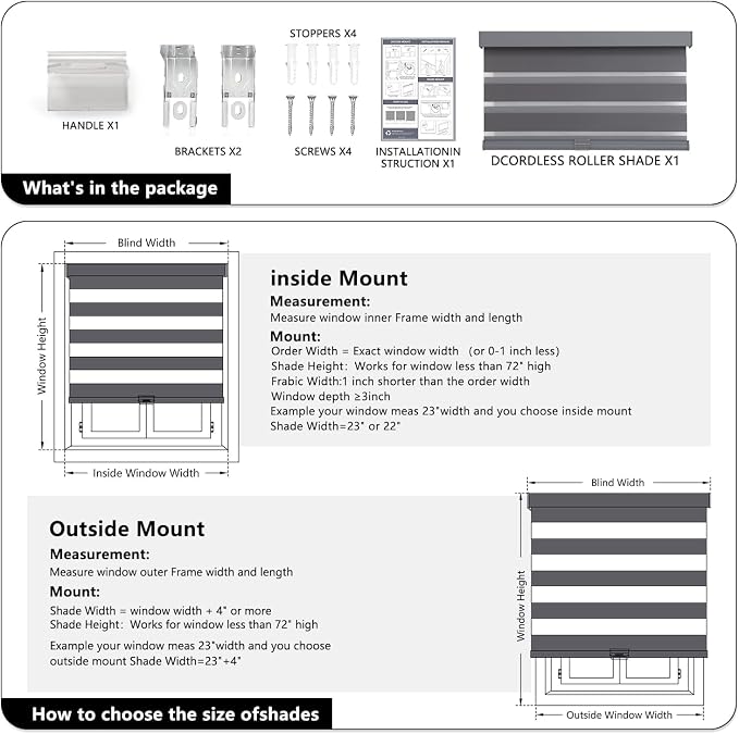 AOSKY Cordless Zebra Blinds for Windows Pull Down Roller Window Shades Dual Layer Light Filtering Privacy for Day and Night, Free-Stop Door Shades for Home Easy to Install (35.5" W X 72" H，Grey)