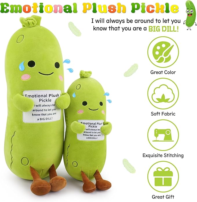 Emotional Plush Pickle,Pickle Stuffed Animal-12.6” Food Plushies Cucumber Stuffed Animal with Positive Warm Words,Kawaii Plush Toy Birthday Gift,Cute Vegetable Plushie Pillow for Kid Adult