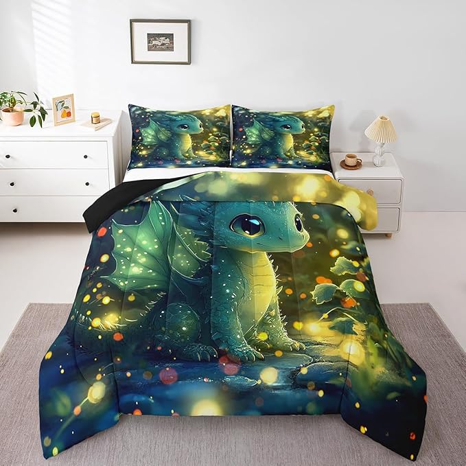 Feelyou Dragon Comforter Set King Size Dragon Stuff Comforter for Boys Girls Teens Kawaii Bedding Set Dragon Decor Duvet Set Room Decor Bright Green Quilt Set