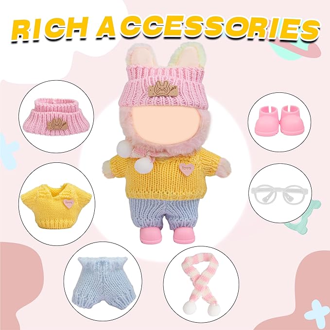 17cm Doll Clothes - 10PCS Cute Dolls Clothes and Shoes,Hat, 6.7 Inches Woolen Crochet Suit,Strap Jumpsuit, with Scarf Glasses - Adorable Pink Blue Dolls Accessories (NoDoll)