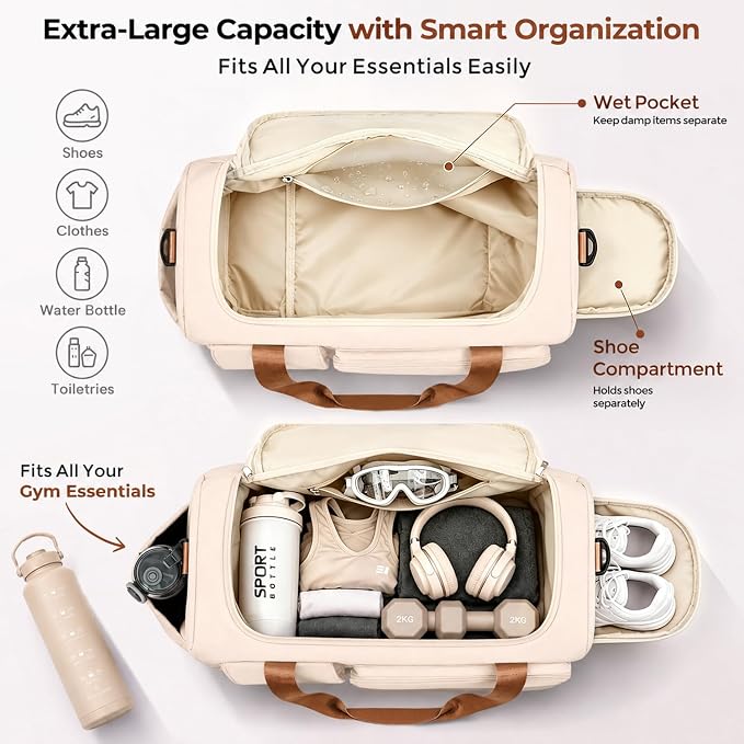 FIORETTO Women's Gym Duffle Bag with Shoes Compartment, 30L Capacity, Ideal for Travel, Gym, Sports, Duffel, Weekender