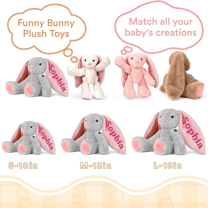 Personalized Bunny Plush for Kids Custom Bunny with Embroidered Name, Stuffed Animal for Toddler 1-3+ Girls Boys Bunnys Plush Toys Personalized Baby Newborn Kids Gifts for First Birthday Easter
