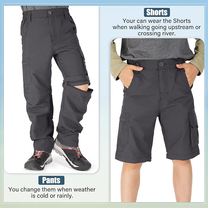 linlon Kids' Cargo Pants, Boy's Casual Outdoor Quick Dry Waterproof Hiking Climbing Convertible Trousers #9016