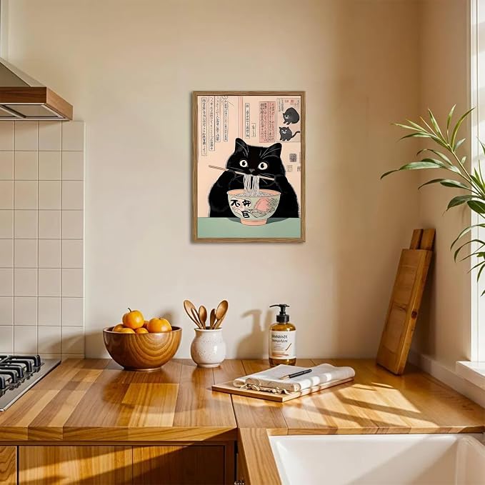 Funny Japanese kitchen Black Cat Wall Art, Whimsical Cat Eating Noodles Wall Decor Painting, Cute Animal Canvas Poster Eclectic Pet Dining Room Prints Artwork Wood Framed 12x16 inch