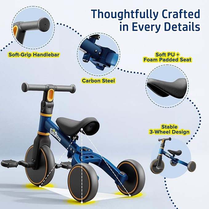 5-in-1 Kids Balance Bike, Toddler Tricycle for 1-3, Ride-On Toy for 18 Months to 4 Years, Outdoor and Indoor Gift Bike for Yard, Sidewalk, Park, Birthday Present for Boys & Girls, Blue
